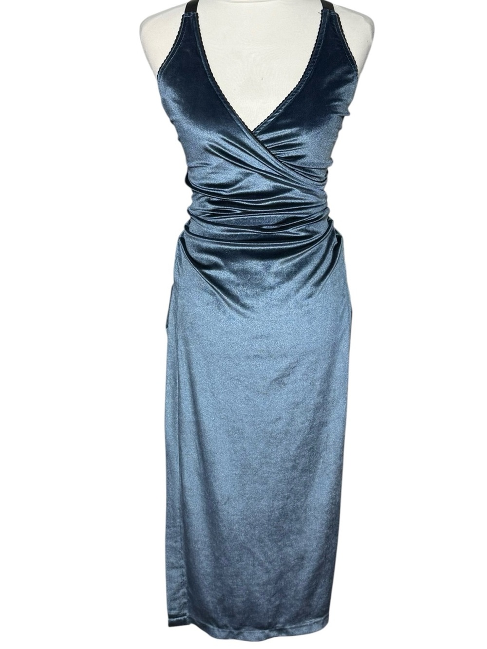 Widow Blue Velvet Maxi Dress Plunge Y2K Goth
Strappy Back Side Slits Size XS
